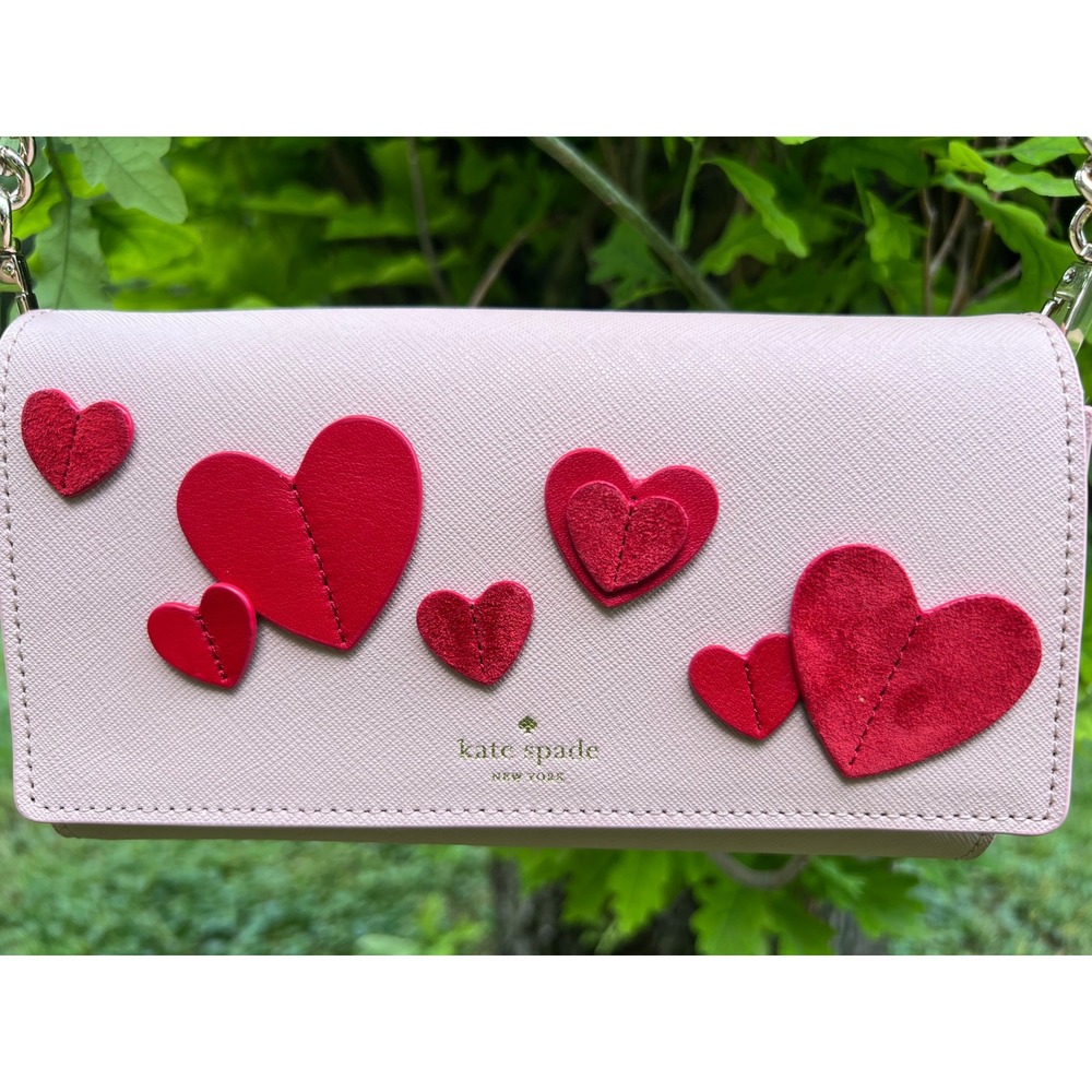 Kate Spade Crossbody Clutch Women Small Pink Heart Applique Chain Strap - Picture 3 of 8
